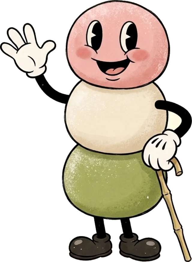 The Mochion mascot: a cheerful three-ball dango in 1930s rubber-hose style, waving