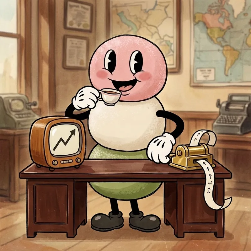 The mascot sipping tea at a tiny 1930s control desk with a vintage monitor showing a rising chart and a brass ticker-tape machine